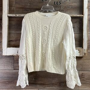 LOST INK White Open Weave Cable Knit Lace Long Bell Sleeve Sweater Size Large